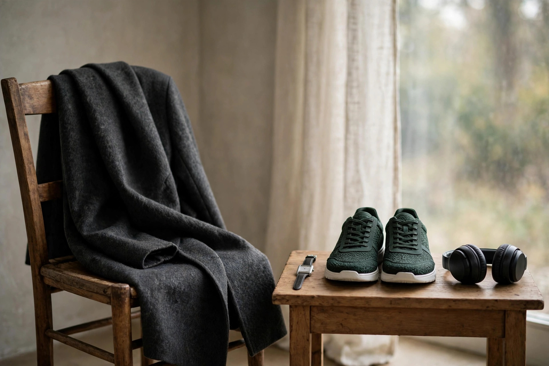 A wool coat, sneakers, a dress watch, and headphones by a window
